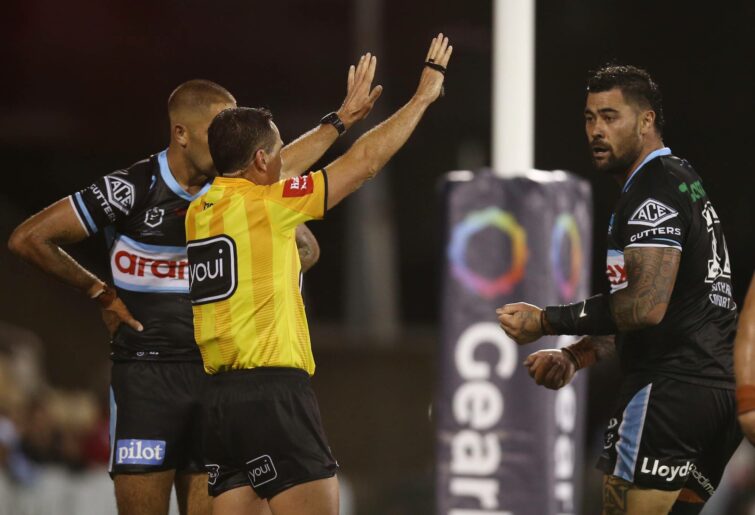 WOLLONGONG, AUSTRALIA - MARCH 24: Andrew Fifita of the Sharks is sent to the sin bin during the round three NRL match between the St George Illawarra Dragons and the Cronulla Sharks at WIN Stadium on March 24, 2022 in Wollongong, Australia. (Photo by Jason McCawley/Getty Images)