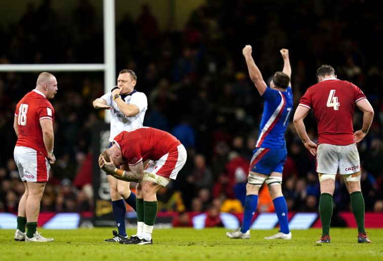 Wales' Ross Moriarty (front, second left) looks dejected after the Guinness Six Nations match at the Principality Stadium, Cardiff. Picture date: Friday March 11, 2022. (Photo by David Davies/PA Images via Getty Images)