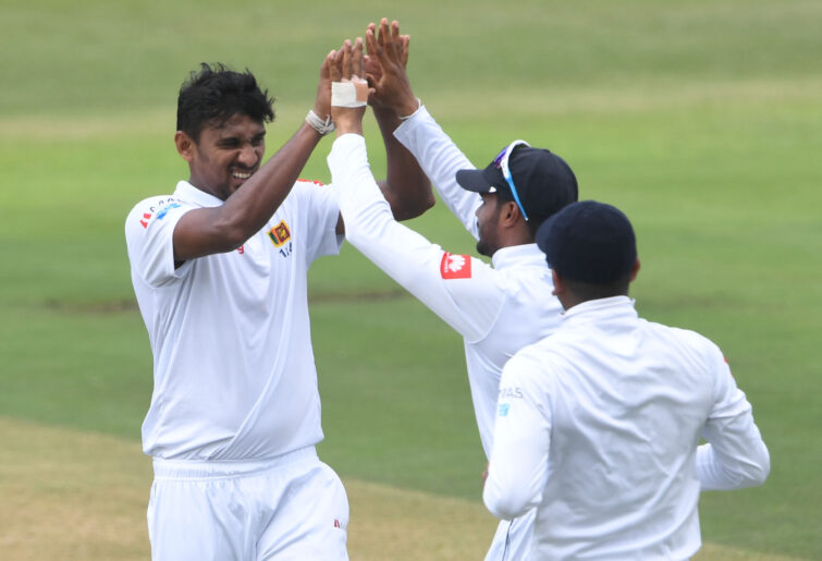 Suranga Lakmal of Sri Lanka celebrates the wicket of Hashim Amla of South Africa with his team mates during day 1 of the 1st Test match between South Africa and Sri Lanka at Kingsmead Stadium on February 13, 2019 in Durban, South Africa. (Photo by Lee Warren/Gallo Images/Getty Images)