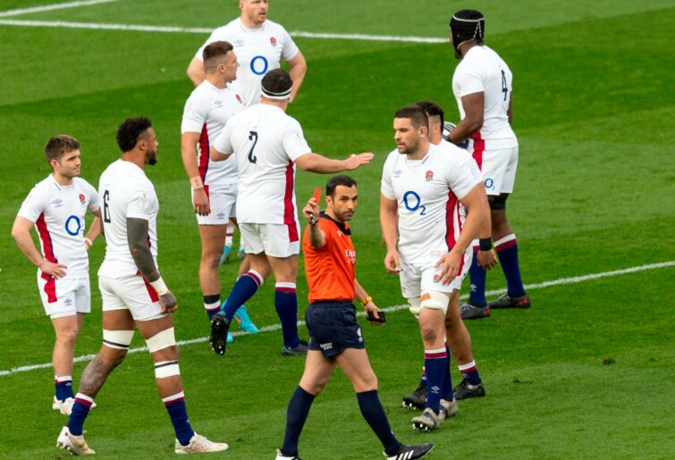 Mathieu Raynal shows the red card to England's Charlie Ewels during the Guinness Six Nations Rugby match between England and Ireland at Twickenham Stadium on March 12, 2022 in London, United Kingdom. (Photo by Bob Bradford - CameraSport via Getty Images)