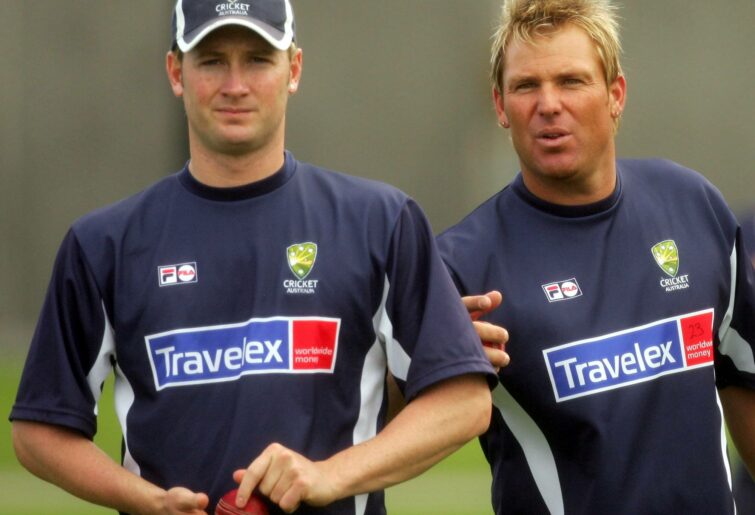 CHRISTCHURCH, NEW ZEALAND - MARCH 8: Shane Warne of Australia talks with teammate Michael Clarke during training at Jade Stadium on March 8, 2005 in Christchurch, New Zealand. (Photo by Hamish Blair/Getty Images)