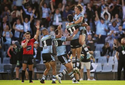 Nicho Hynes boots winner after the siren to hand Cronulla win on return to Shark Park - with mate's ashes on his wrist