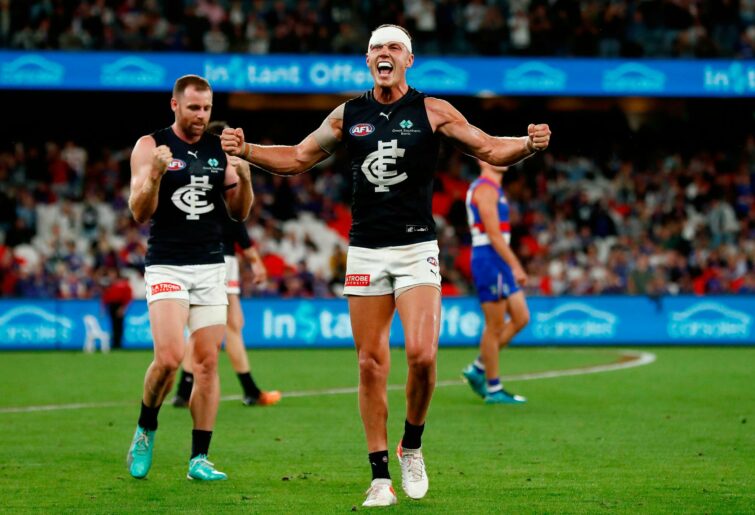 Patrick Cripps of the Blues celebrates his teams win on the final siren during the round two AFL match between the Western Bulldogs and the Carlton Blues at Marvel Stadium on March 24, 2022 in Melbourne, Australia.  (Photo by Darrian Traynor / Getty Images)