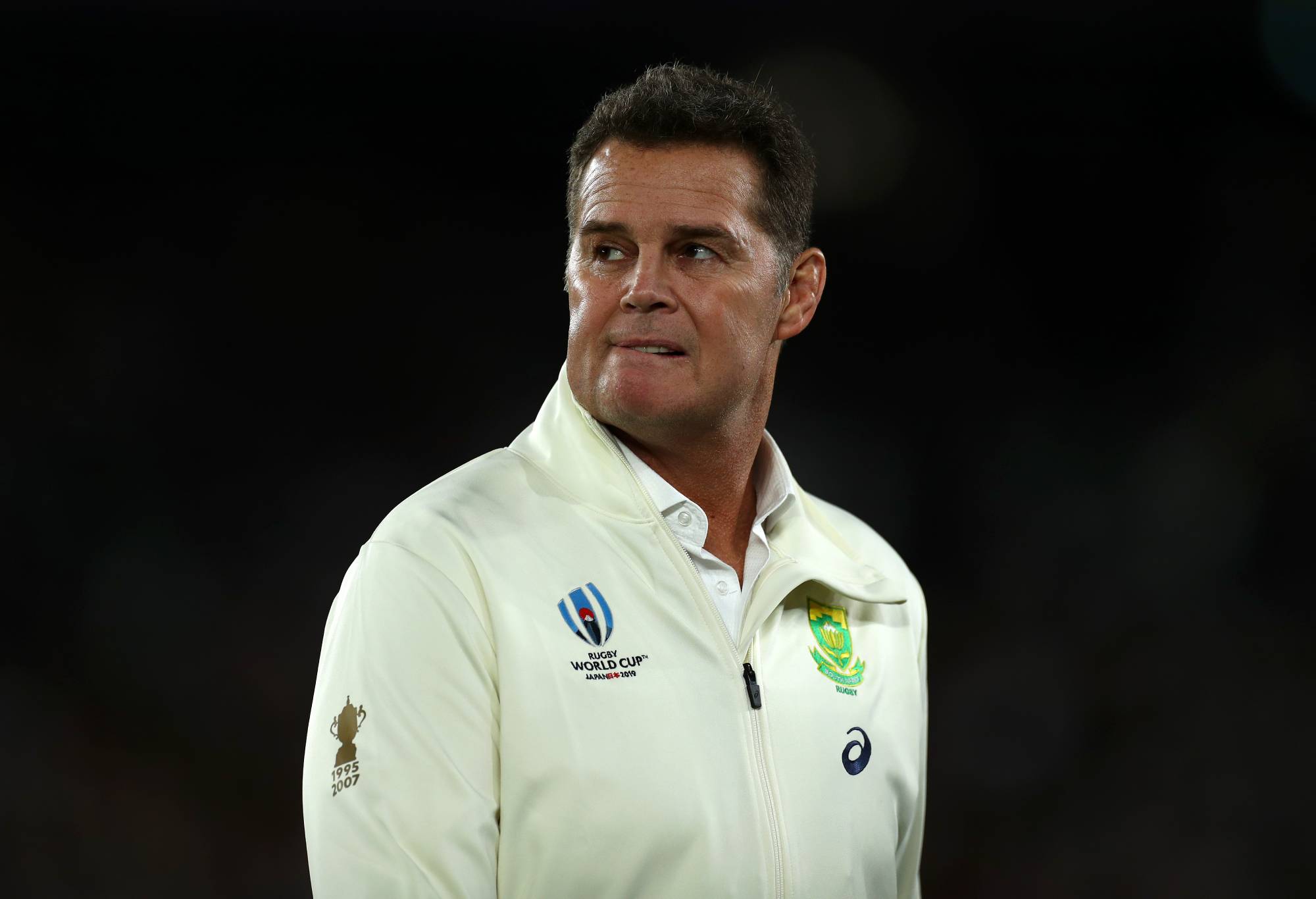 YOKOHAMA, JAPAN - NOVEMBER 02: Rassie Erasmus, Head Coach of South Africa looks on prior to the Rugby World Cup 2019 Final between England and South Africa at International Stadium Yokohama on November 02, 2019 in Yokohama, Kanagawa, Japan. (Photo by Clive Rose - World Rugby/World Rugby via Getty Images)