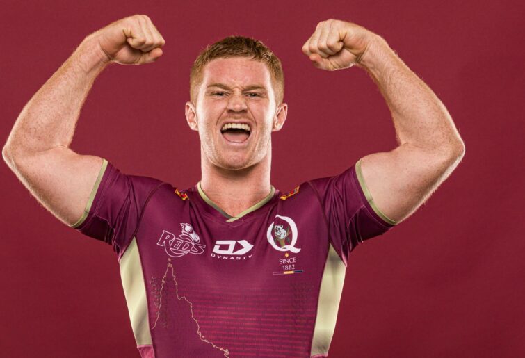 Spencer Jeans poses during the Queensland Reds Super Rugby 2022 headshots session at Suncorp Stadium on January 27, 2022 in Brisbane, Australia. (Photo by Glenn Hunt/Getty Images for Rugby Australia)