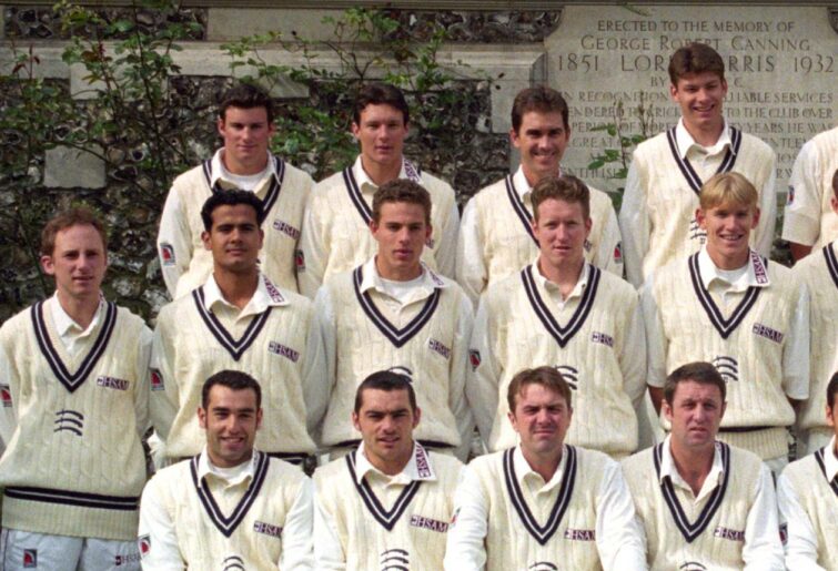Andrew Strauss and Justin Langer in the Middlesex 1998 team photo.  (Photo by Tony Harris - PA Images/PA Images via Getty Images)