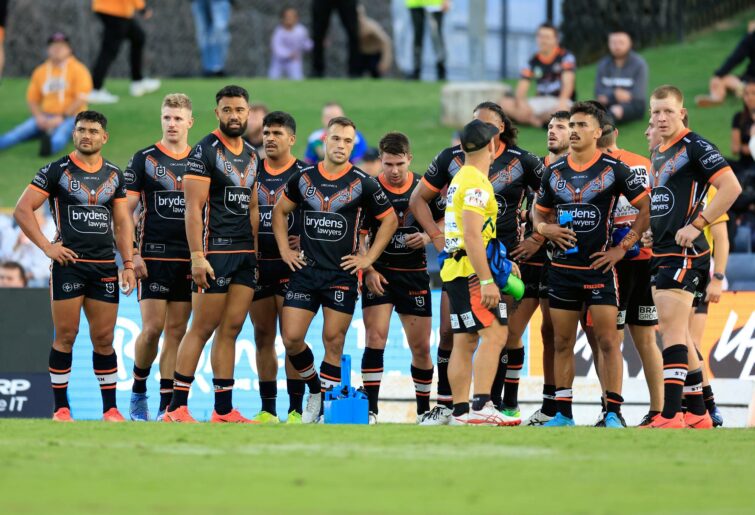SYDNEY, AUSTRALIA - MARCH 25: The Tigers look on after conceding a try during the round three NRL match between the Wests Tigers and the New Zealand Warriors at Campbelltown Stadium, on March 25, 2022, in Sydney, Australia. (Photo by Mark Evans/Getty Images)