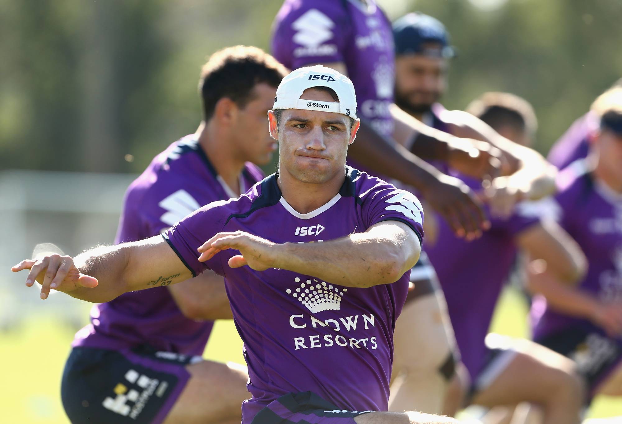 MELBOURNE, AUSTRALIA - FEBRUARY 27: Cooper Cronk warms up during the Melbourne Storm NRL training session at Gosch's Paddock on February 27, 2017 in Melbourne, Australia. (Photo by Robert Prezioso/Getty Images)