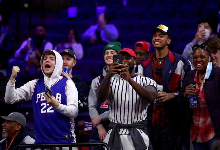 PHILADELPHIA, PENNSYLVANIA - MARCH 10: Fans react as Ben Simmons #10 of the Brooklyn Nets takes the court before the game against the Philadelphia 76ers at Wells Fargo Center on March 10, 2022 in Philadelphia, Pennsylvania. NOTE TO USER: User expressly acknowledges and agrees that, by downloading and or using this photograph, User is consenting to the terms and conditions of the Getty Images License Agreement. (Photo by Elsa/Getty Images)
