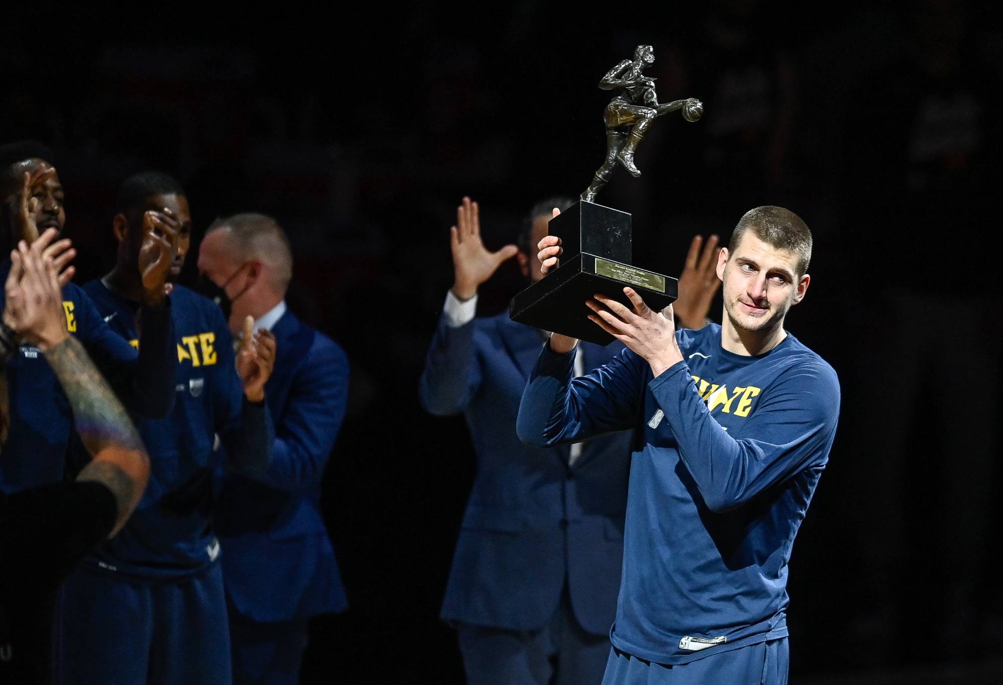 DENVER, CO - JUNE 11: Nikola Jokic #15 of the Denver Nuggets accepts the 2021 NBA MVP award before Game Three of the Western Conference second-round playoff series at Ball Arena on June 11, 2021 in Denver, Colorado. NOTE TO USER: User expressly acknowledges and agrees that, by downloading and or using this photograph, User is consenting to the terms and conditions of the Getty Images License Agreement. (Photo by Dustin Bradford/Getty Images)