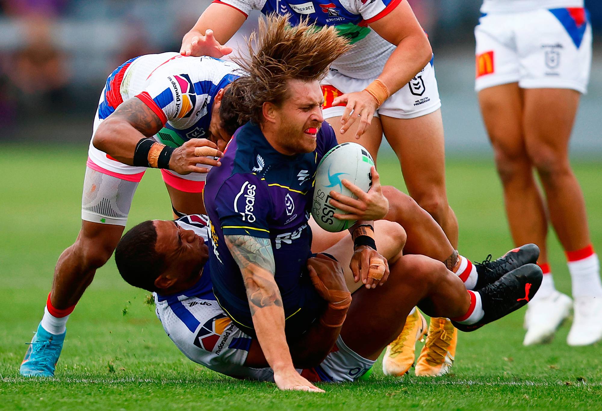 BALLARAT, AUSTRALIA - FEBRUARY 27: Cameron Munster of the Storm passes the ball during the NRL Trial Match between the Melbourne Storm and the Newcastle Knights at Mars Stadium on February 27, 2022 in Ballarat, Australia. (Photo by Daniel Pockett/Getty Images)