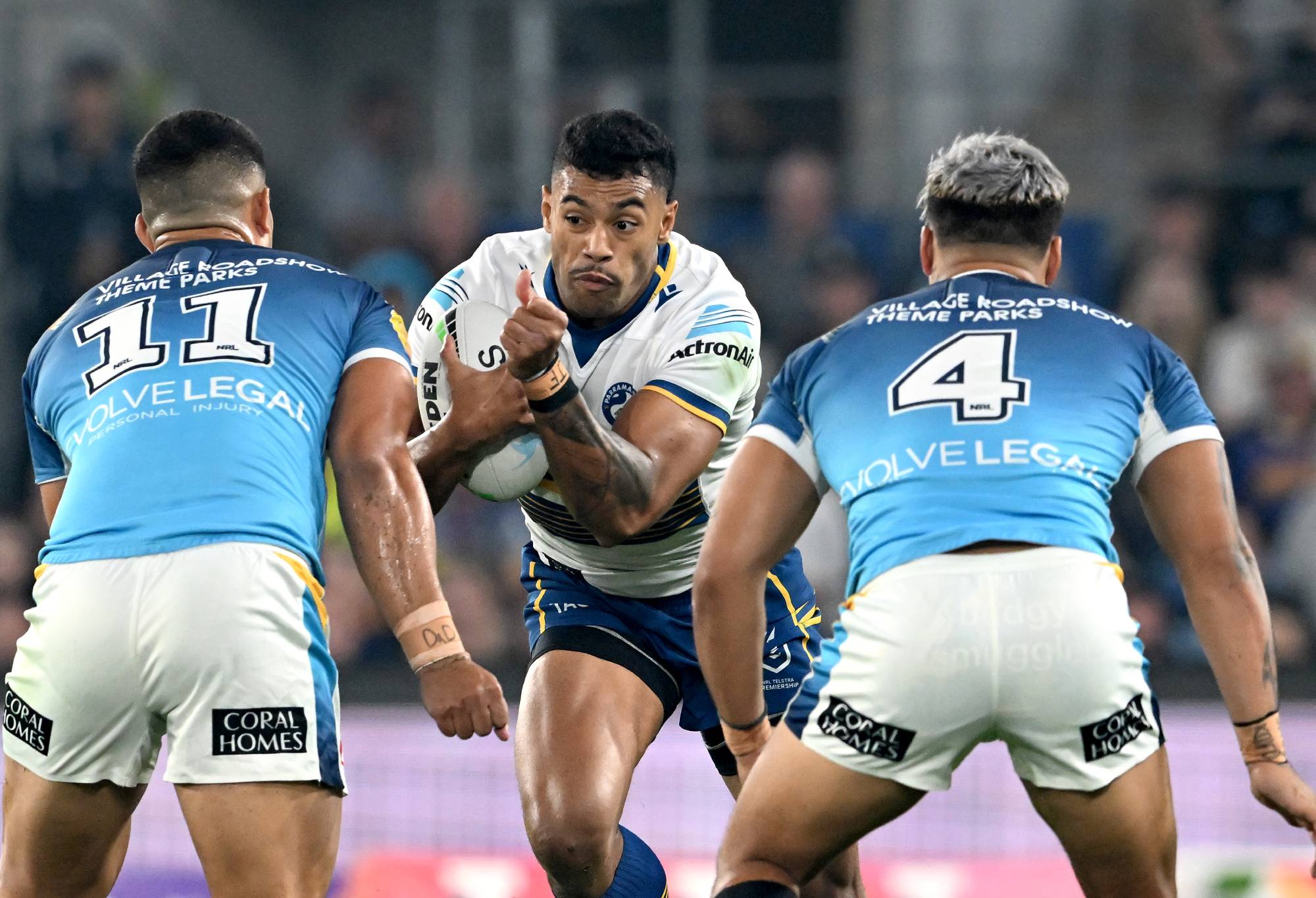GOLD COAST, AUSTRALIA - APRIL 09: Waqa Blake of the Eels takes on the defence during the round five NRL match between the Gold Coast Titans and the Parramatta Eels at Cbus Super Stadium, on April 09 2022, in Gold Coast, Australia. (Photo by Bradley Kanaris/Getty Images)