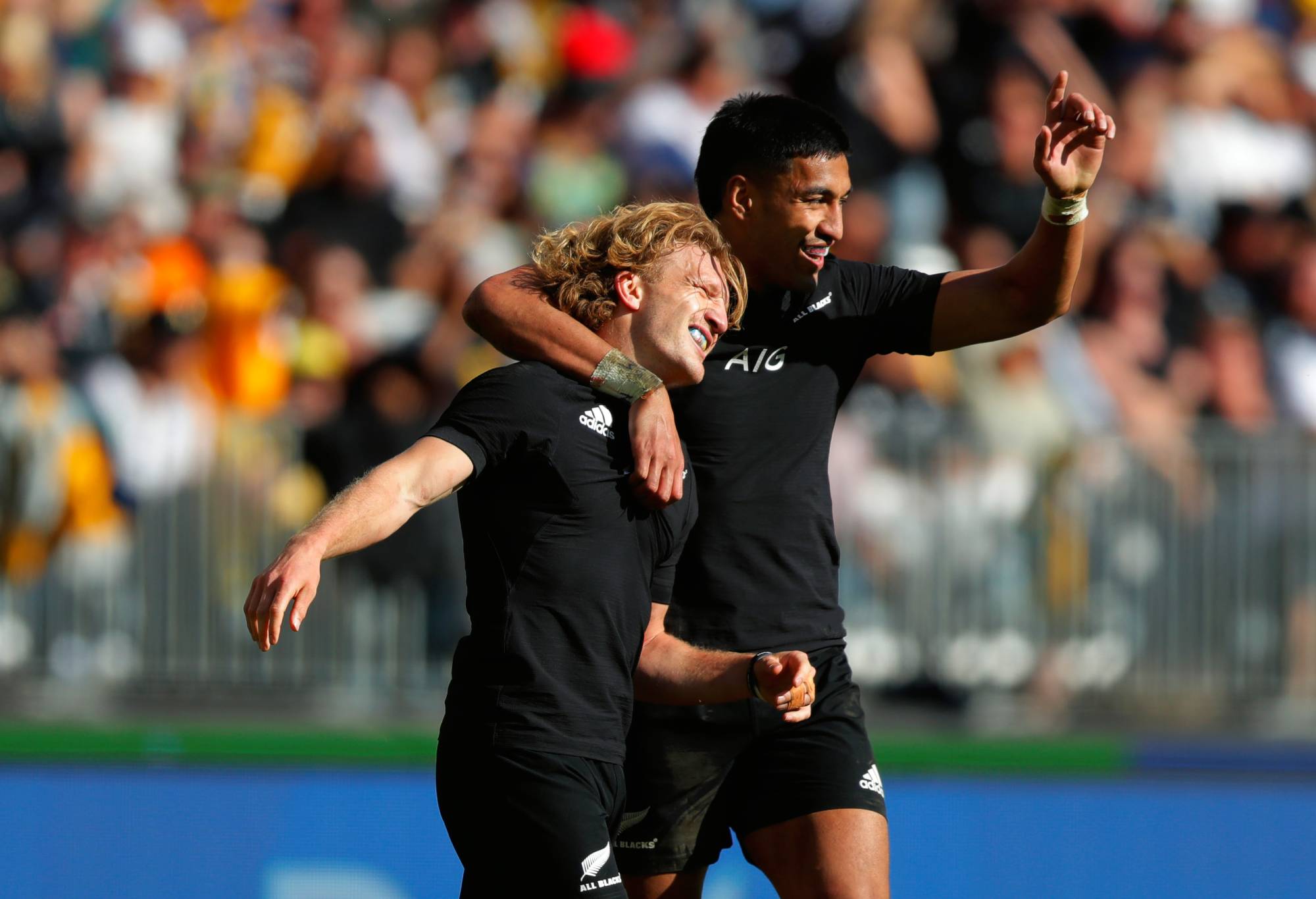 Damian McKenzie and Anton Lienert-Brown of the All Blacks celebrate a try during the Bledisloe Cup match between the Australian Wallabies and the New Zealand All Blacks, part of The Rugby Championship, at Optus Stadium on September 05, 2021 in Perth, Australia. (Photo by James Worsfold/Getty Images)