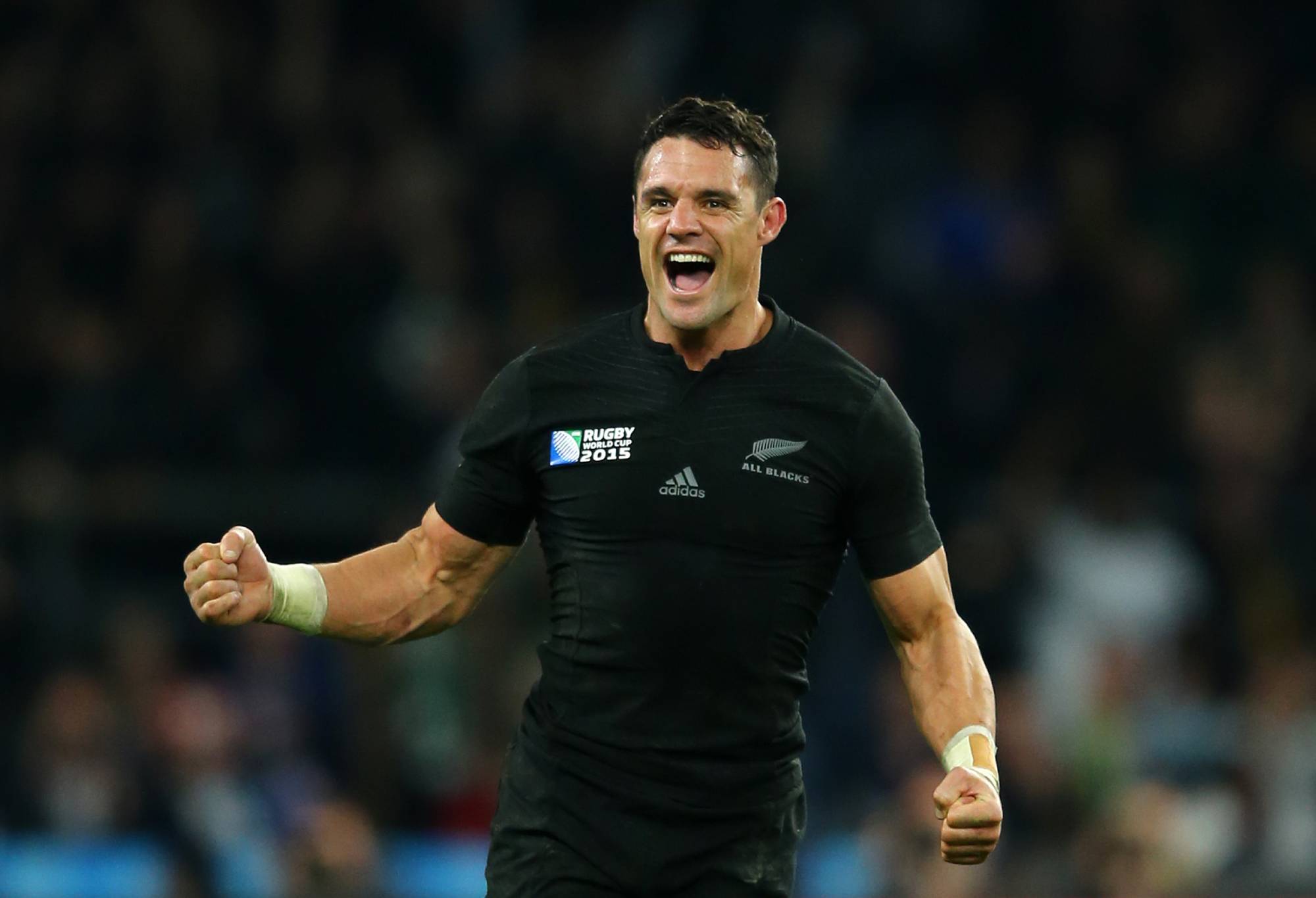 Dan Carter of the New Zealand All Blacks celebrates victory at the final whistle during the 2015 Rugby World Cup Final match between New Zealand and Australia at Twickenham Stadium on October 31, 2015 in London, United Kingdom. (Photo by Richard Heathcote - World Rugby via Getty Images/World Rugby via Getty Images)