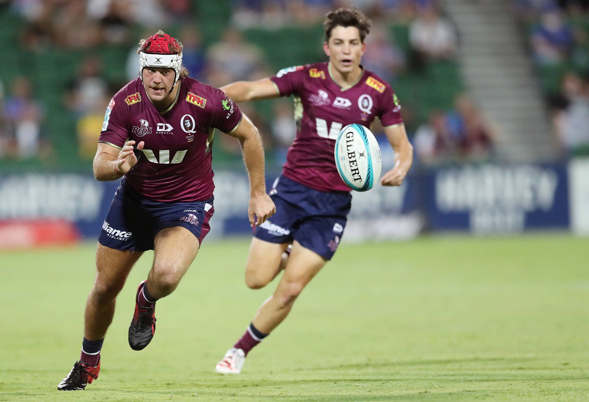 Fraser McReight of the Reds chases the ball during the round three Super Rugby Pacific match between the Western Force and the Queensland Reds at HBF Park on March 04, 2022 in Perth, Australia. (Photo by Will Russell/Getty Images)