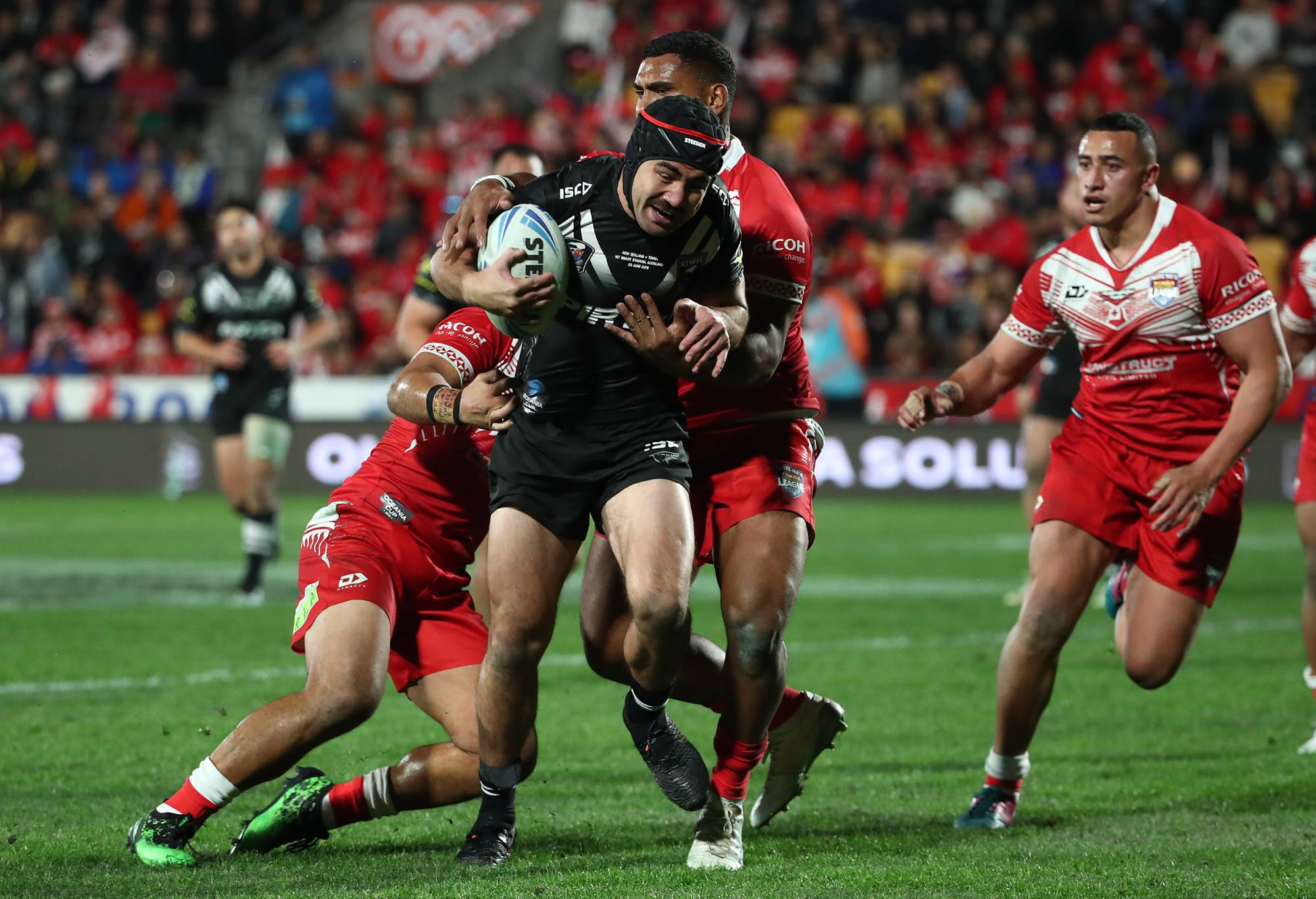 AUCKLAND, NEW ZEALAND - JUNE 22: Jahrome Hughes of the Kiwis scores a try during the Oceania league test between the Kiwis and Mate Ma'a Tonga at Mt Smart Stadium on June 22, 2019 in Auckland, New Zealand. (Photo by Fiona Goodall/Getty Images)