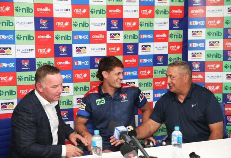 NEWCASTLE, AUSTRALIA - APRIL 20: Kalyn Ponga (C) reacts during a Newcastle Knights NRL media opportunity at the Knights Centre of Excellence on April 20, 2022 in Newcastle, Australia. (Photo by Peter Lorimer/Getty Images)