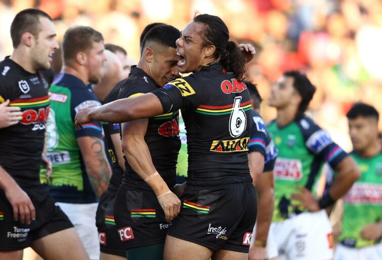 PENRITH, AUSTRALIA - APRIL 24: Jarome Luai of the Panthers celebrates with Soni Luke of the Panthers after the try scored by Isaah Yeo of the Panthers during the round seven NRL match between the Penrith Panthers and the Canberra Raiders at BlueBet Stadium on April 24, 2022, in Penrith, Australia. (Photo by Matt Blyth/Getty Images)