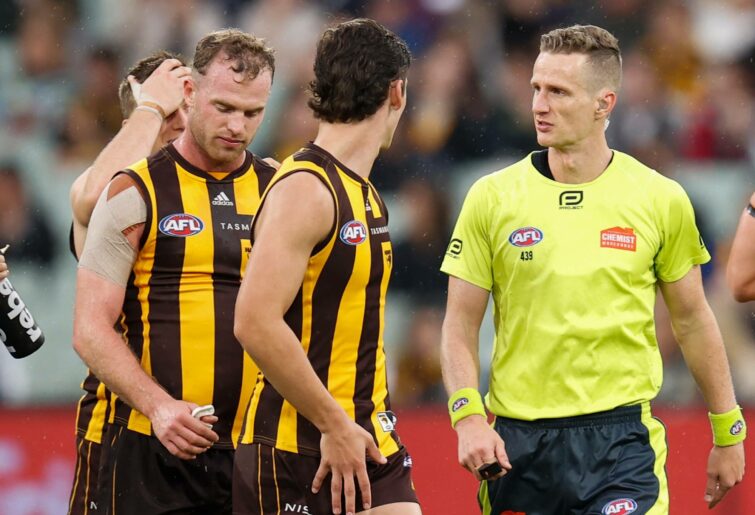 Tom Mitchell of the Hawks speaks with AFL Field Umpire, Hayden Gavine after a 50 metre penalty was awarded to Geelong during the 2022 AFL Round 05 match between the Hawthorn Hawks and the Geelong Cats at the Melbourne Cricket Ground on April 18, 2022 In Melbourne, Australia. (Photo by Michael Willson/AFL Photos via Getty Images)