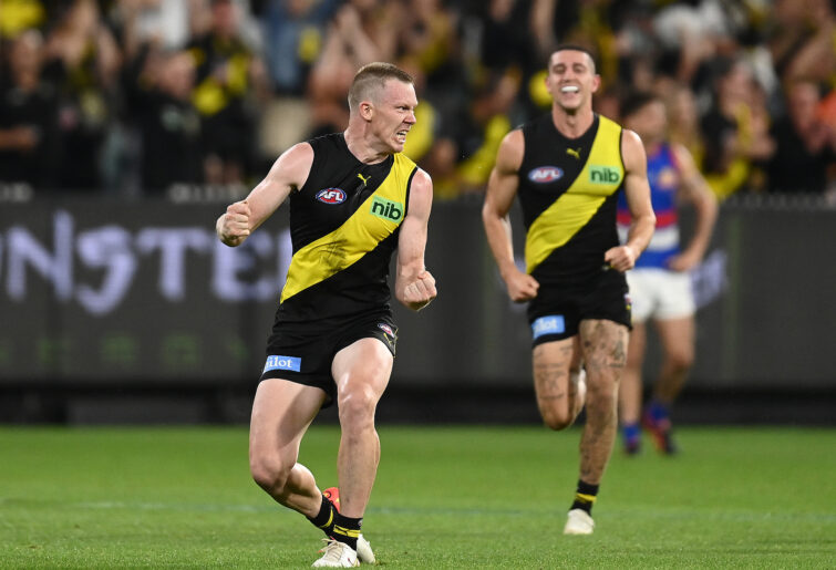 Jack Riewoldt of the Tigers celebrates kicking a goal.