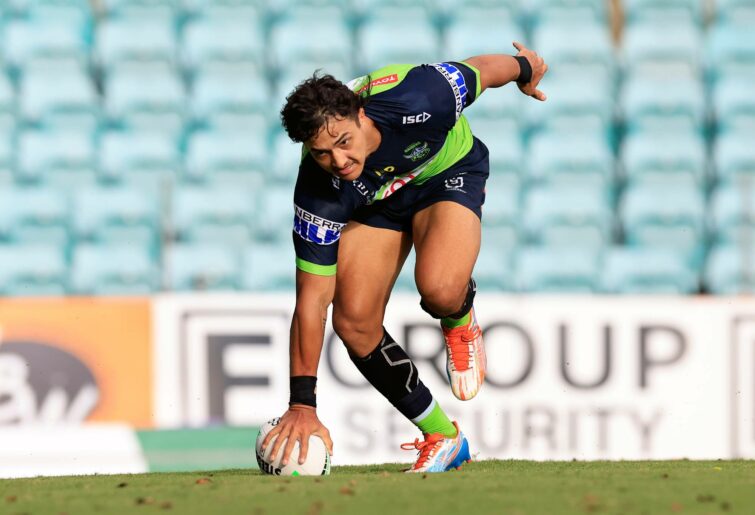 Sydney, Australia - February 18: Xavier Savage Of The Raiders Makes A Try During The Nrl Trials Match Between Sydney Roosters And Canberra Raiders On February 18, 2022 In Sydney, Australia, Between Sydney Roosters And Canberra Raiders.  (Photo By Mark Evans/Getty Images)