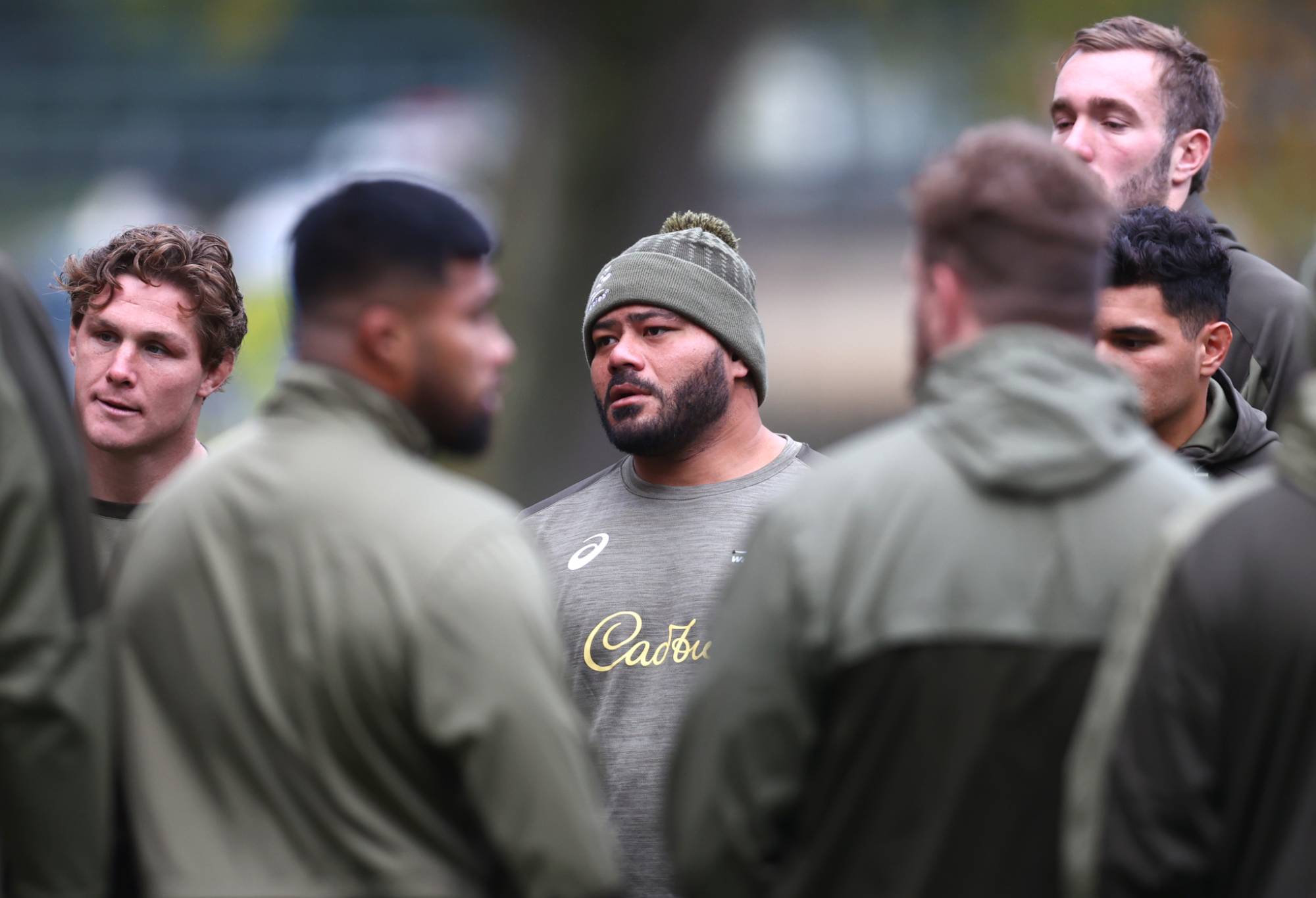 Tolu Latu of Australia looks on during an Australia Rugby Training Session session at The Lensbury hotel on November 12, 2021 in Teddington, England. (Photo by Clive Rose/Getty Images)
