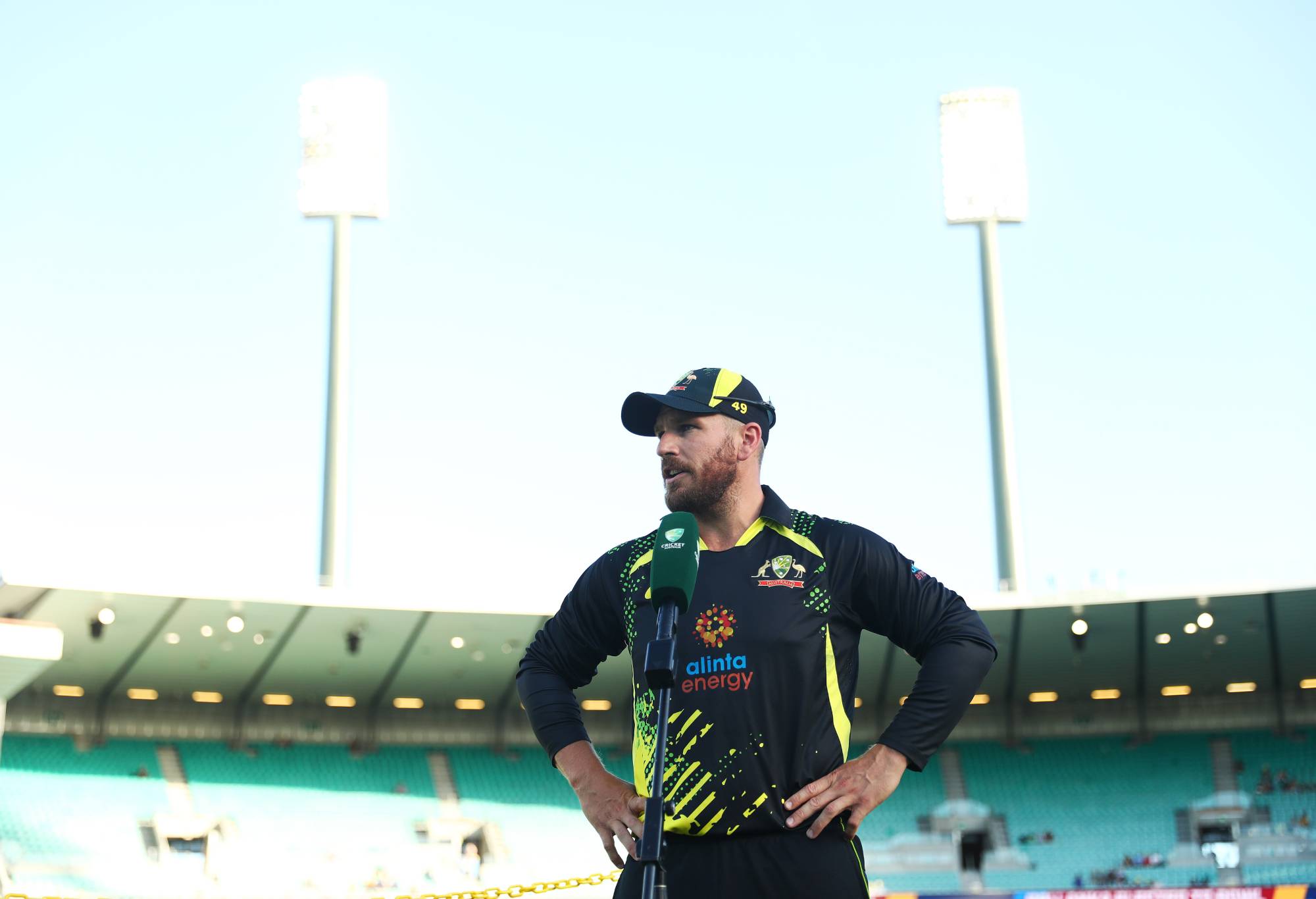 Aaron Finch of Australia is interviewed after the coin toss before game two in the T20 International series between Australia and Sri Lanka at Sydney Cricket Ground on February 13, 2022 in Sydney, Australia. (Photo by Mark Metcalfe - CA/Cricket Australia via Getty Images)