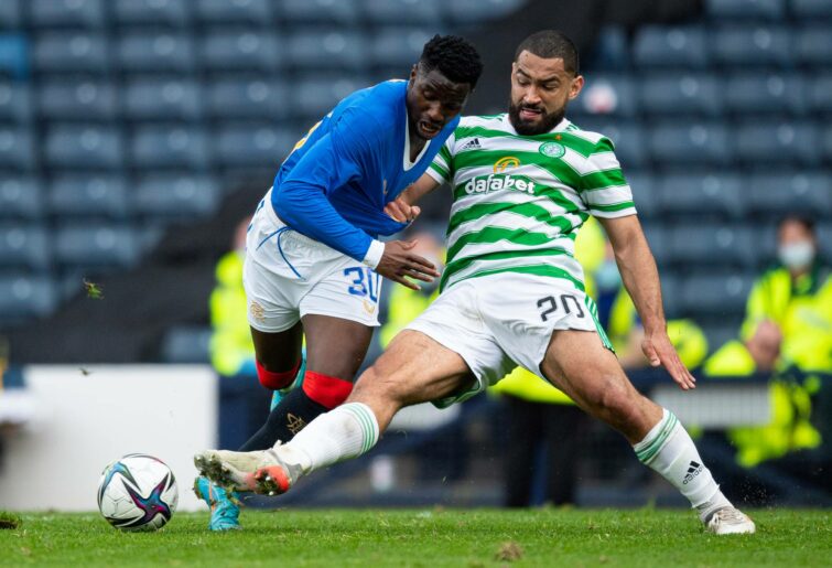 GLASGOW, SCOTLAND - APRIL 17: Fashion Sakala and Cameron Cartver Vickers during a Scottish Cup Semi-Final between Celtic and Rangers at Hampden Park, on April 17, 2022, in Glasgow, Scotland. (Photo by Ross MacDonald/SNS Group via Getty Images)