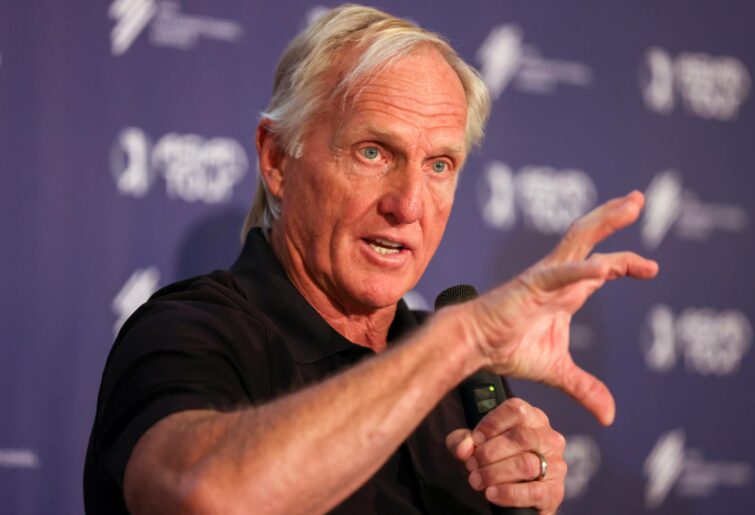 AL MUROOJ, SAUDI ARABIA - FEBRUARY 01: Greg Norman, CEO of Liv Golf Investments talks to the media during a practice round prior to the PIF Saudi International at Royal Greens Golf & Country Club on February 01, 2022 in Al Murooj, Saudi Arabia. (Photo by Luke Walker/WME IMG/WME IMG via Getty Images)