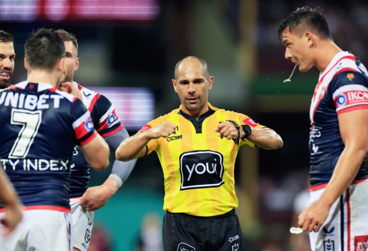 SYDNEY, AUSTRALIA - MARCH 18: Referee Ashley Klein looks on during the round two NRL match between the Sydney Roosters and the Manly Sea Eagles at Sydney Cricket Ground, on March 18, 2022, in Sydney, Australia. (Photo by Mark Evans/Getty Images)