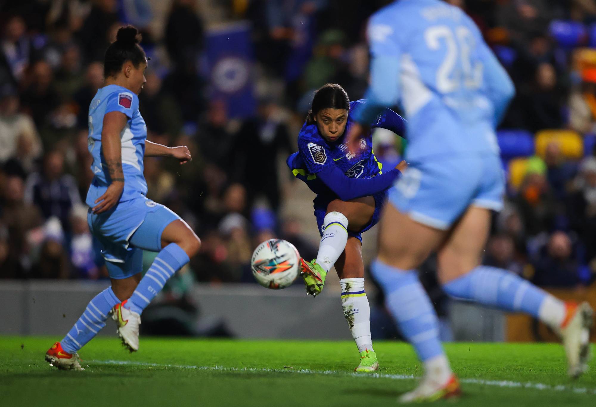 Sam Kerr of Chelsea Women scores her side's first goal during the FA Women's Continental Tyres League cup final match between Chelsea women and Manchester City women at The Cherry Red Records Stadium on March 05, 2022 in Wimbledon, England. (Photo by James Gill - Danehouse/Getty Images)
