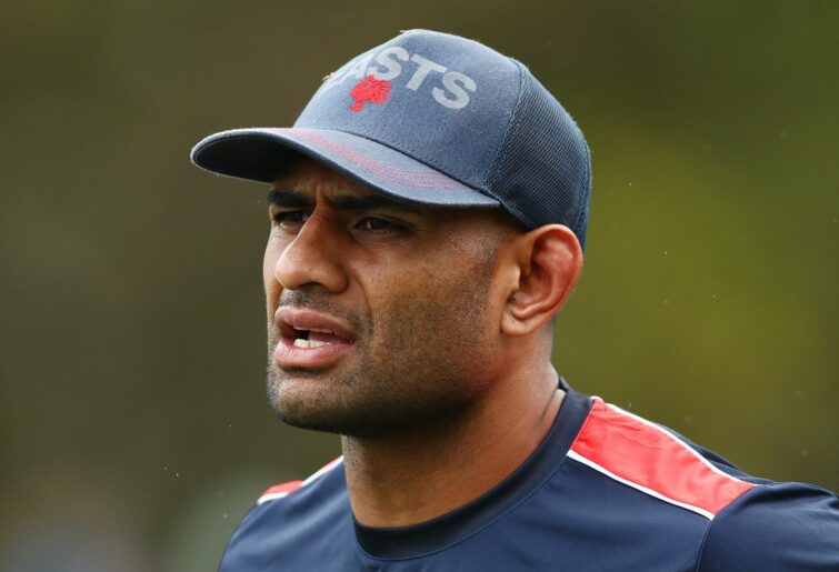 SYDNEY, AUSTRALIA - MARCH 29: Daniel Tupou looks on during a Sydney Roosters NRL training session at Kippax Lake on March 29, 2022 in Sydney, Australia. (Photo by Mark Metcalfe/Getty Images)