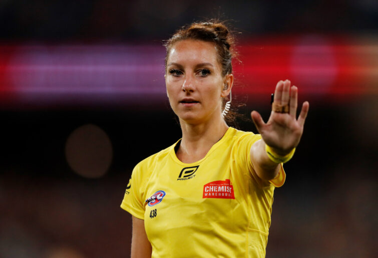 AFL field umpire Eleni Glouftsis. (Photo by Dylan Burns/AFL Photos via Getty Images)