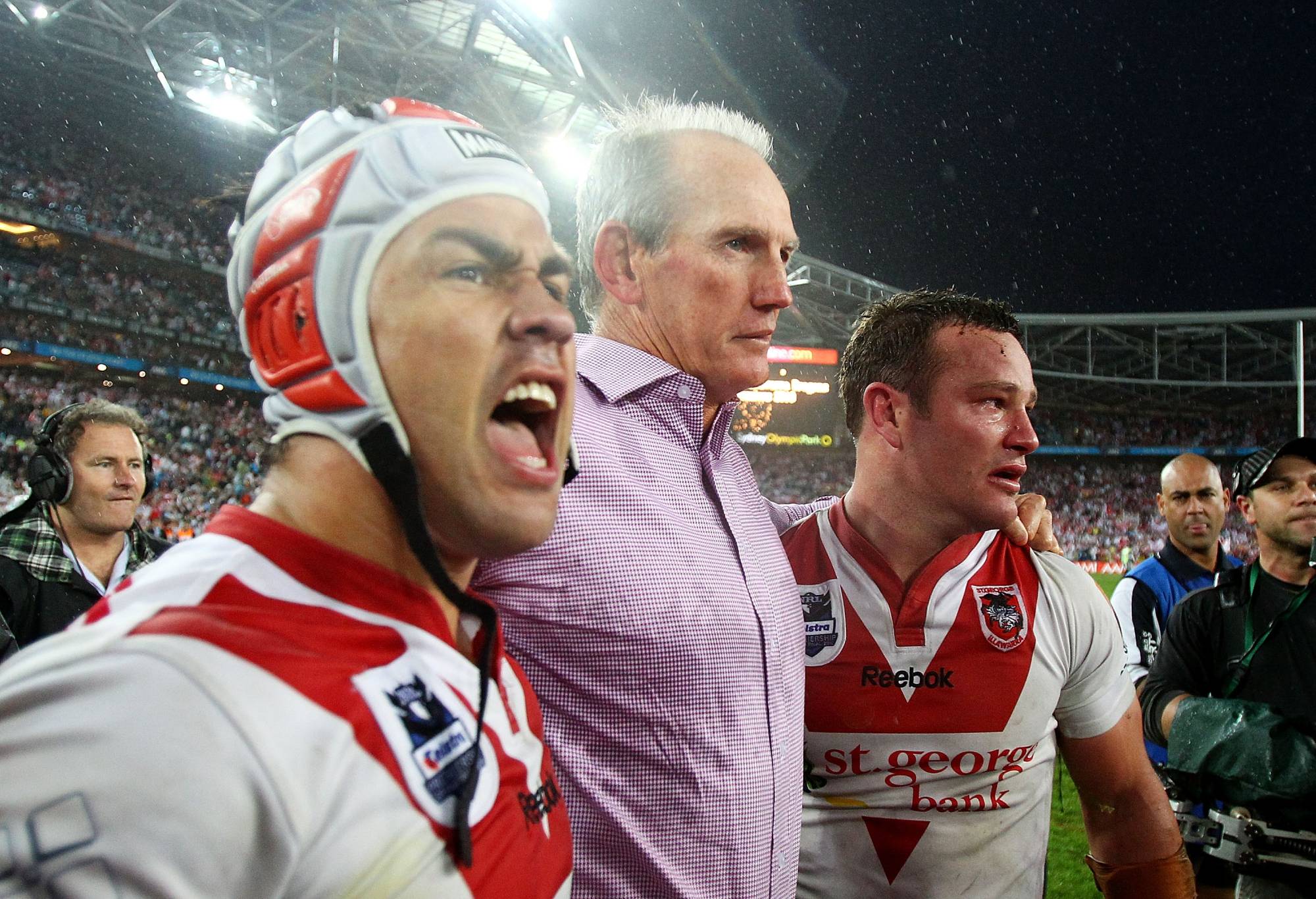 SYDNEY, AUSTRALIA - OCTOBER 03: (L to R) Jamie Soward, Wayne Bennett and Dean Young of the Dragons celebrate after the NRL Grand Final match between the St George Illawarra Dragons and the Sydney Roosters at ANZ Stadium on October 3, 2010 in Sydney, Australia. (Photo by Mark Nolan/Getty Images)