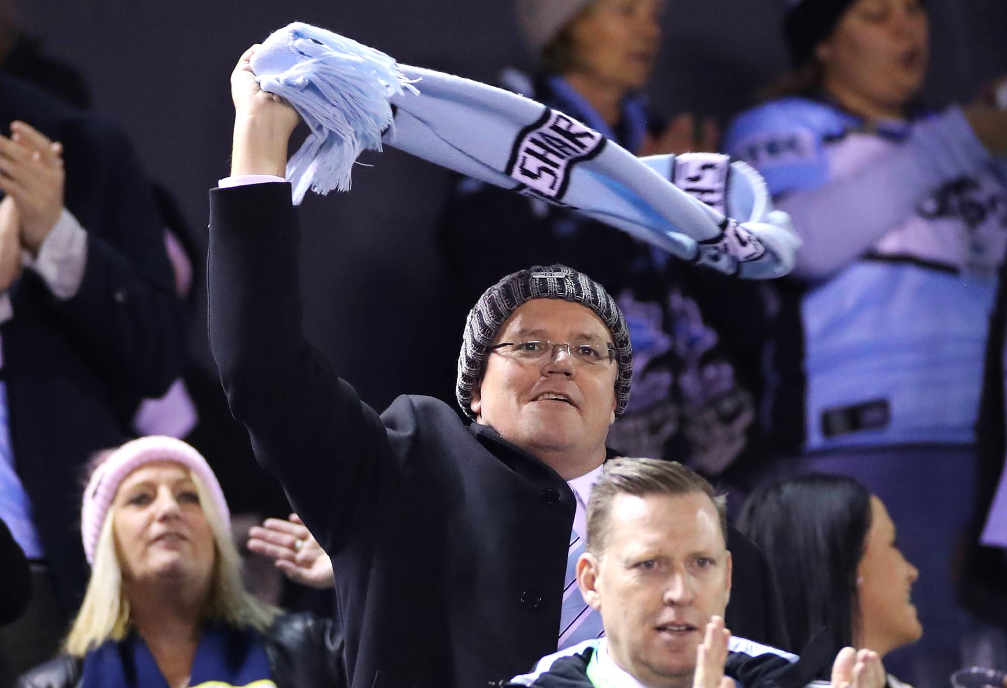 Scott Morrison at a Cronulla NRL game at Shark Park, Australia. (Photo by Cameron Spencer/Getty Images)