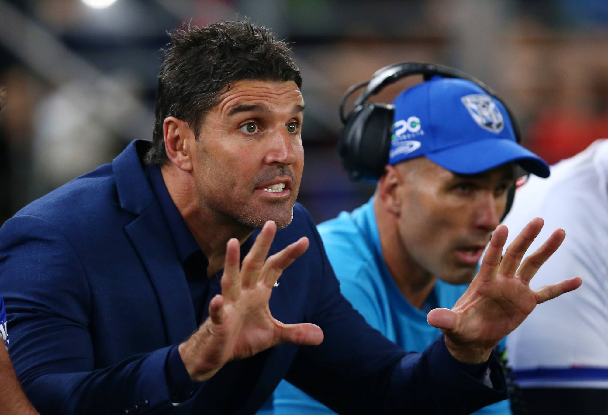 SYDNEY, AUSTRALIA - APRIL 30: Bulldogs coach Trent Barrett coaches from the players bench during the round eight NRL match between the Canterbury Bulldogs and the Sydney Roosters at Stadium Australia on April 30, 2022 in Sydney, Australia. (Photo by Jason McCawley/Getty Images)