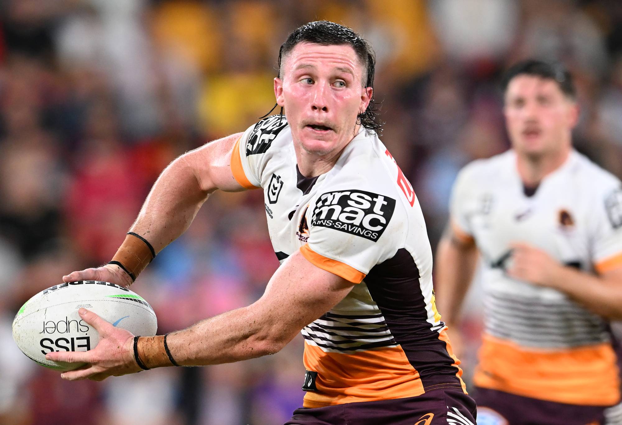 BRISBANE, AUSTRALIA - MAY 13: Tyson Gamble of the Broncos passes the ball during the round 10 NRL match between the Manly Sea Eagles and the Brisbane Broncos at Suncorp Stadium, on May 13, 2022, in Brisbane, Australia. (Photo by Bradley Kanaris/Getty Images)