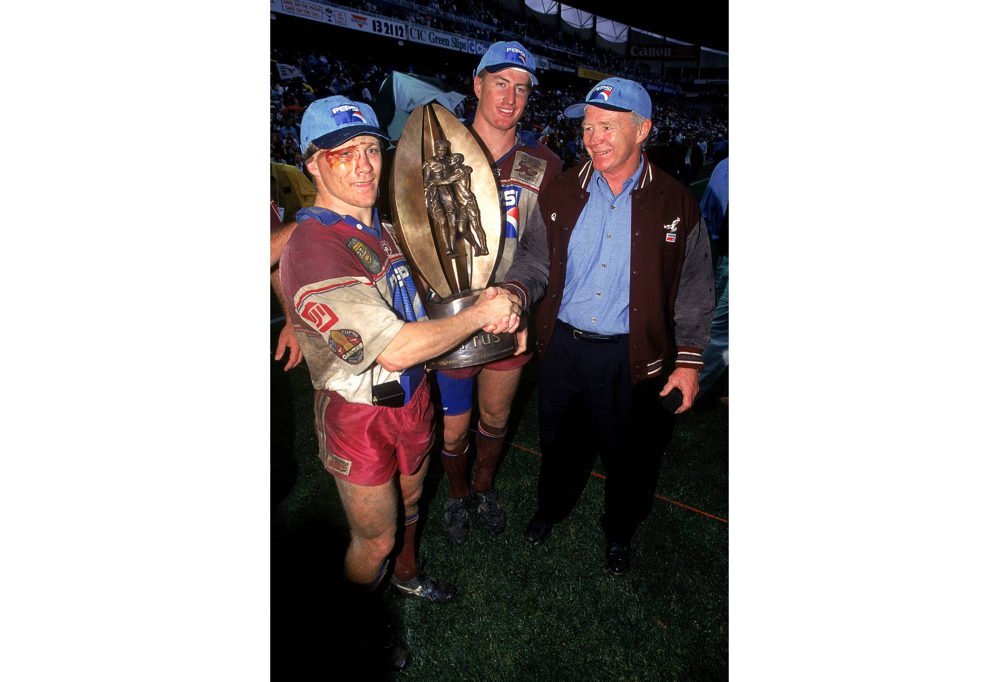 Geoff Toovey, Steve Menzies and Bob Fulton after the ARL Grand Final in 1996. (Photo by Getty Images)