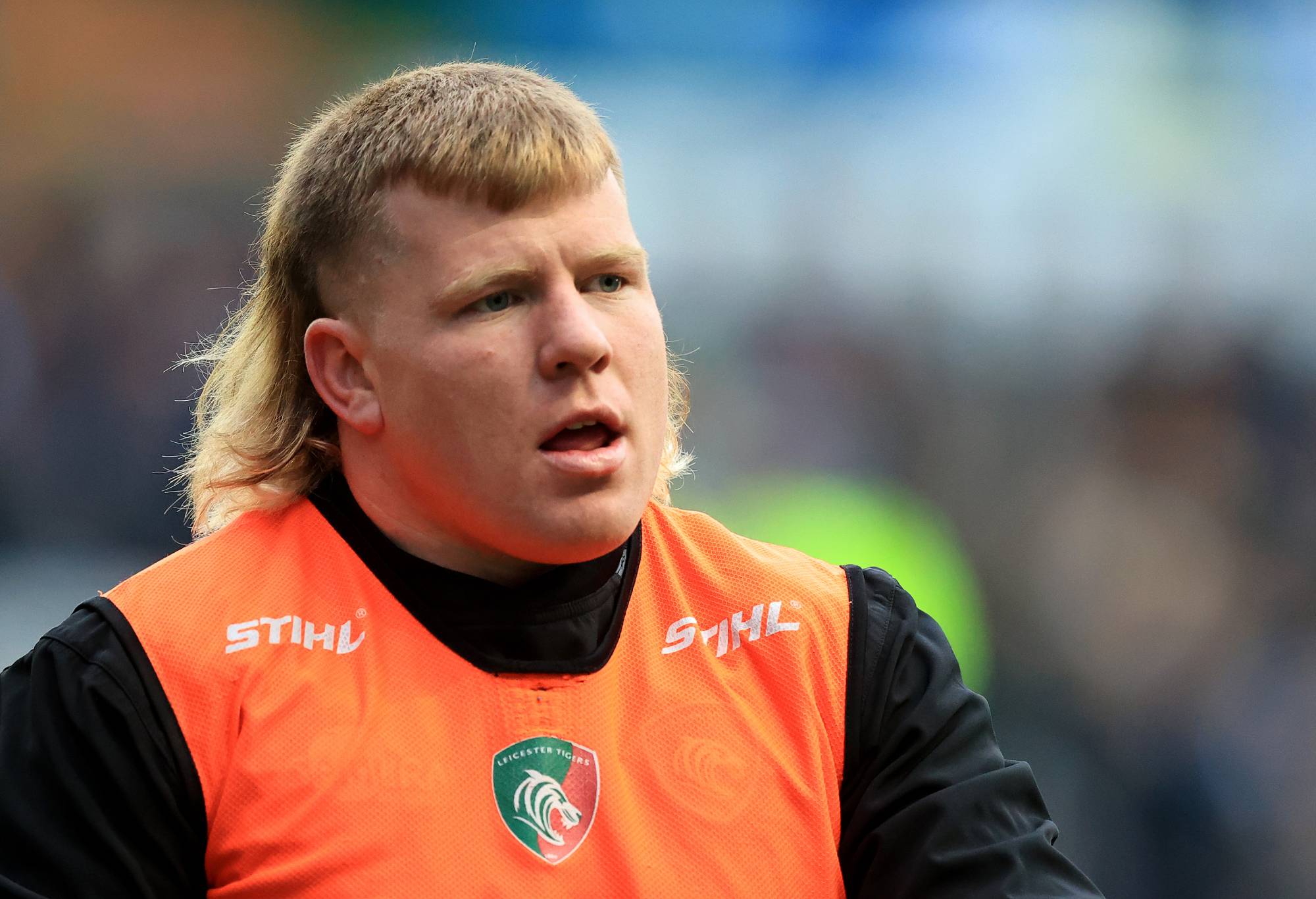 Nic Dolly the Leicester Tigers hooker, looks on in the warm up prior to the Gallagher Premiership Rugby match between Leicester Tigers and Harlequins at Mattioli Woods Welford Road Stadium on December 05, 2021 in Leicester, England. (Photo by David Rogers/Getty Images)