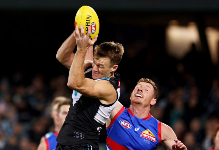 Robbie Gray of the Power marks the ball in front of Tim O'Brien of the Bulldogs.