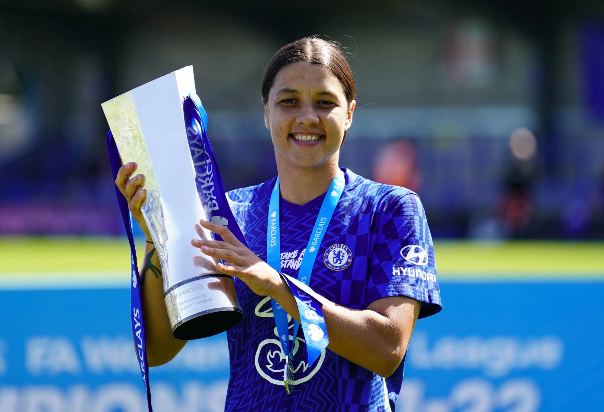 Chelsea's Sam Kerr with the Barclays FA Women's Super League trophy after her side won the competion after the Barclays FA Women's Super League match at Kingsmeadow Stadium, London. Picture date: Sunday May 8, 2022. (Photo by Adam Davy/PA Images via Getty Images)