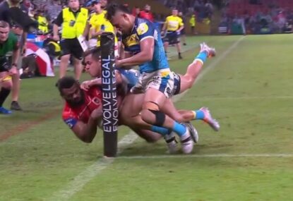 Phillip Sami lucky to escape with just a penalty after using his shoulder to prevent a try