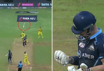Matthew Wade nearly takes out MS Dhoni after swinging his bat out of his hands