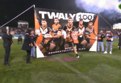 WATCH: Alex Twal's banner fail ahead of his 100th game for Wests Tigers