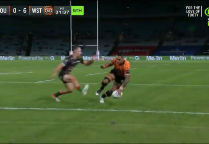 Commentator amusingly goes the early crow trying to deny the Wests Tigers a try