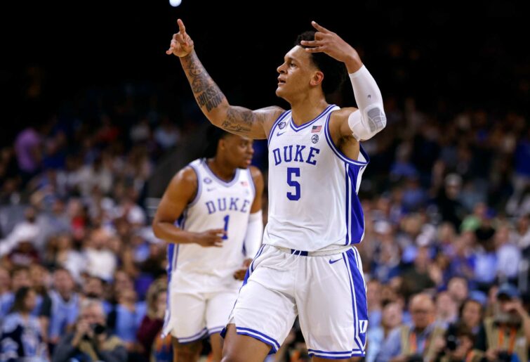Paolo Banchero #5 of the Duke Blue Devils reacts during their game against the North Carolina Tar Heels during the 2022 NCAA Men's Basketball Tournament Final Four semifinal at Caesars Superdome on April 2, 2022 in New Orleans, Louisiana. (Photo by Lance King/Getty Images)