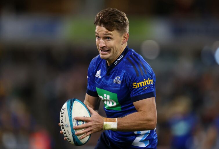 Beauden Barrett of the Blues in action during the round 14 Super Rugby Pacific match between the ACT Brumbies and the Blues at GIO Stadium on May 21, 2022 in Canberra, Australia. (Photo by Mark Nolan/Getty Images)
