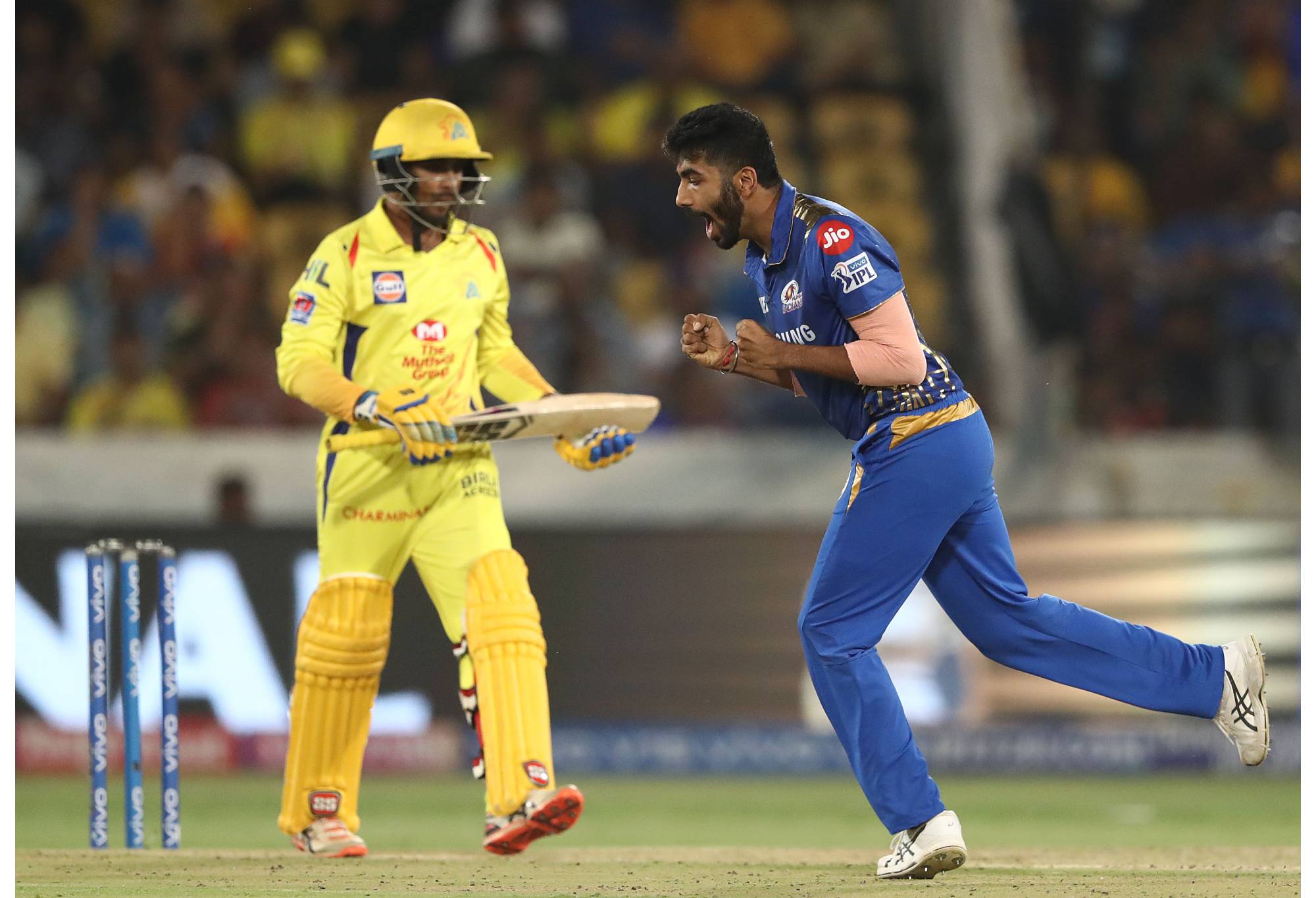 HYDERABAD, INDIA - MAY 12: Jasprit Bumrah of the Mumbai Indians celebrates taking the wicket of Ambati Rayudu of the Chennai Super Kings during the Indian Premier League Final match between the the Mumbai Indians and Chennai Super Kings at Rajiv Gandhi International Cricket Stadium on May 12, 2019 in Hyderabad, India. (Photo by Robert Cianflone/Getty Images)