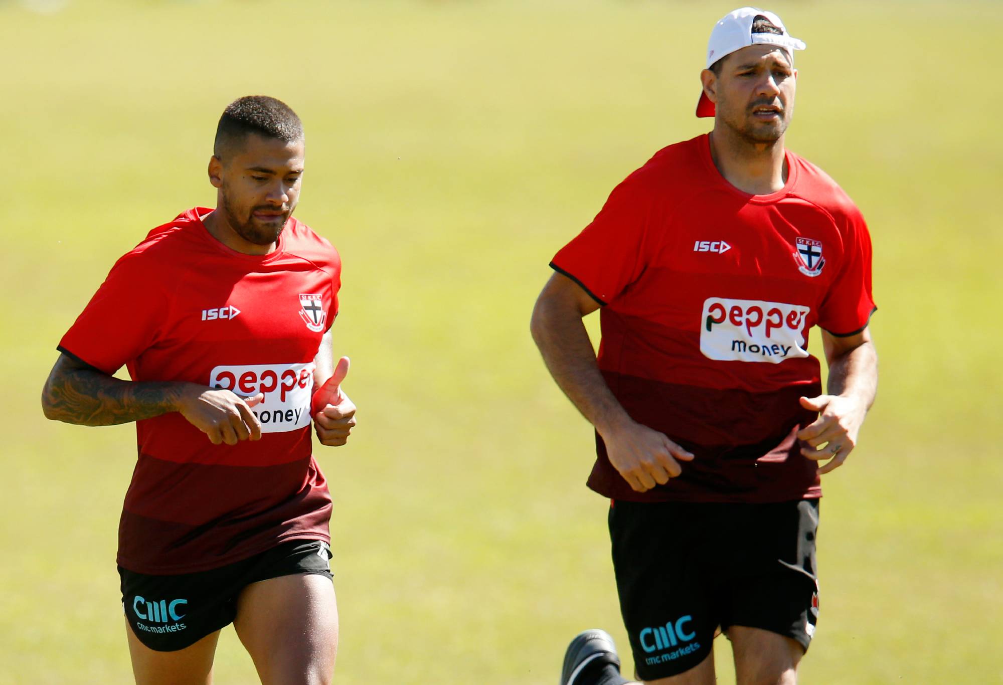 MELBOURNE, AUSTRALIA - NOVEMBER 18: Brad Hill and Paddy Ryder run during a St Kilda Saints AFL Pre-Season Training Session & Media Opportunity at Moorabbin Athletics Track on November 18, 2019 in Melbourne, Australia. (Photo by Darrian Traynor/Getty Images)