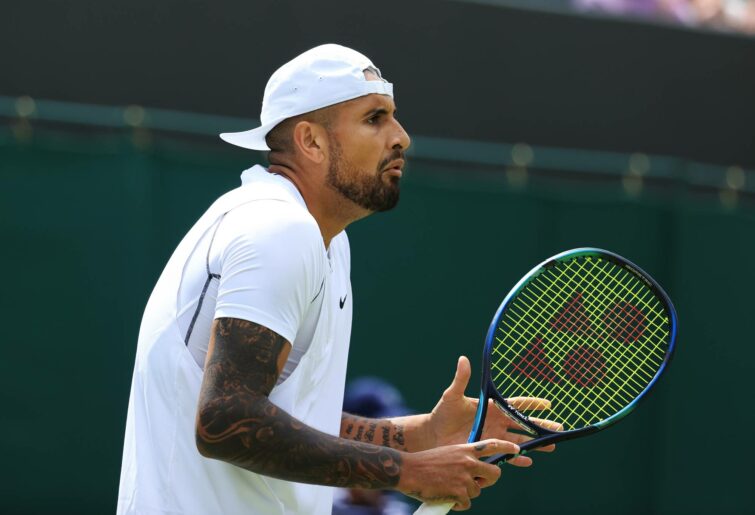 LONDON, ENGLAND - JUNE 28: Nick Kyrgios (AUS) gestures during his Gentlemen's Singles 1st Round match against Paul Jubb (GBR) during day two of The Championships Wimbledon 2022 at All England Lawn Tennis and Croquet Club on June 28, 2022 in London, England. (Photo by Simon Stacpoole/Offside/Offside via Getty Images)